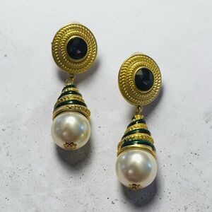 White Faux Pearl Drop Gold-tone Earrings with Purple and Green Accent